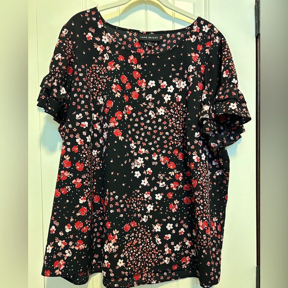 Lane Bryant Red and Pink Ruffled Short Sleeve Blouse